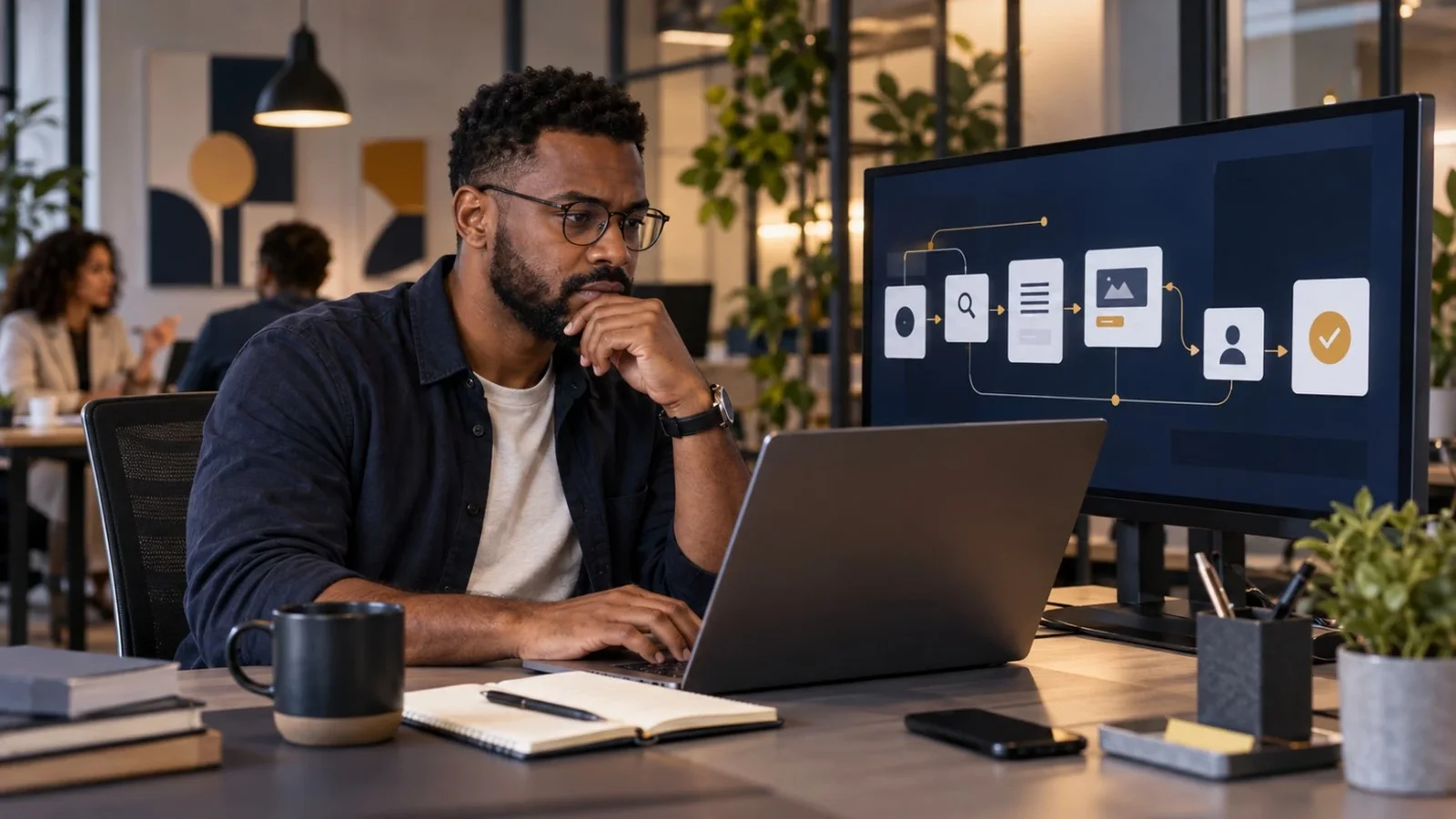 Profissional estruturando aquisição orgânica com SEO, conteúdo e geração de leads