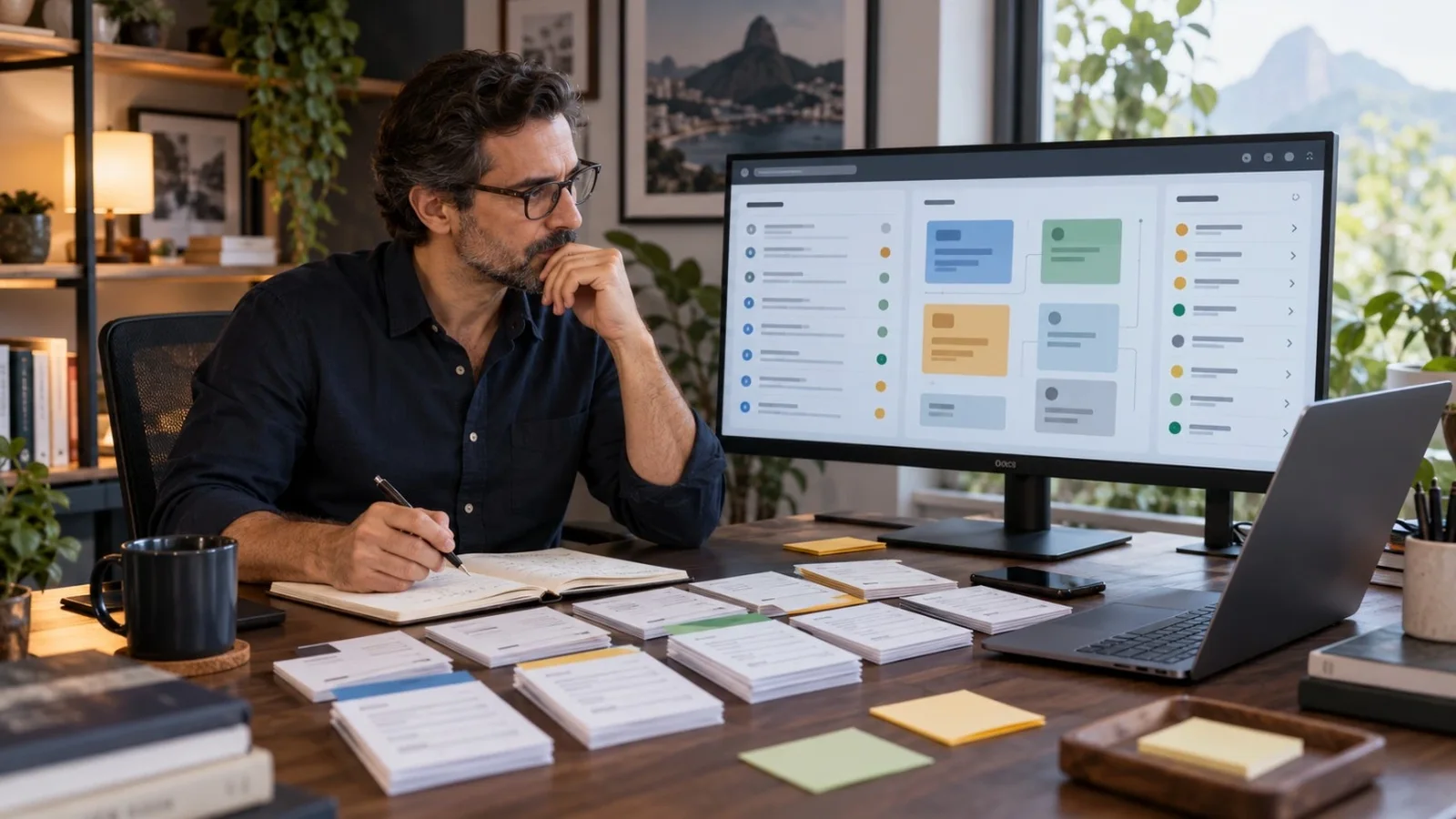 Profissional realizando auditoria de conteúdo SEO e priorizando páginas