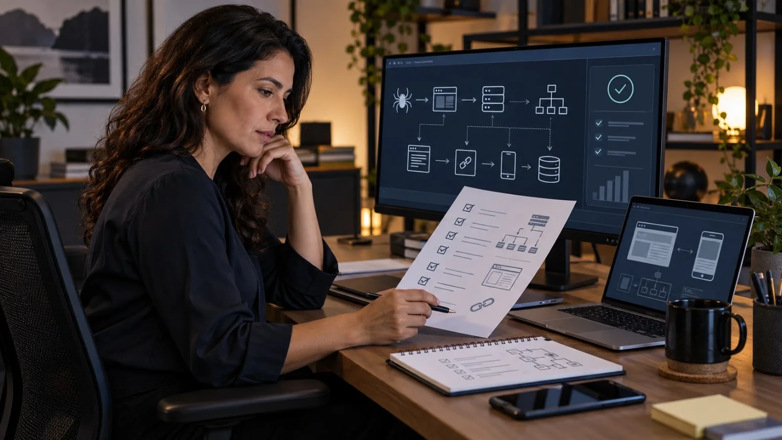 Profissional revisando checklist SEO técnico antes de alterar conteúdo