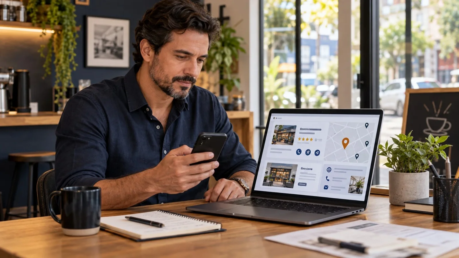 Profissional planejando SEO local para aparecer no Google e gerar clientes