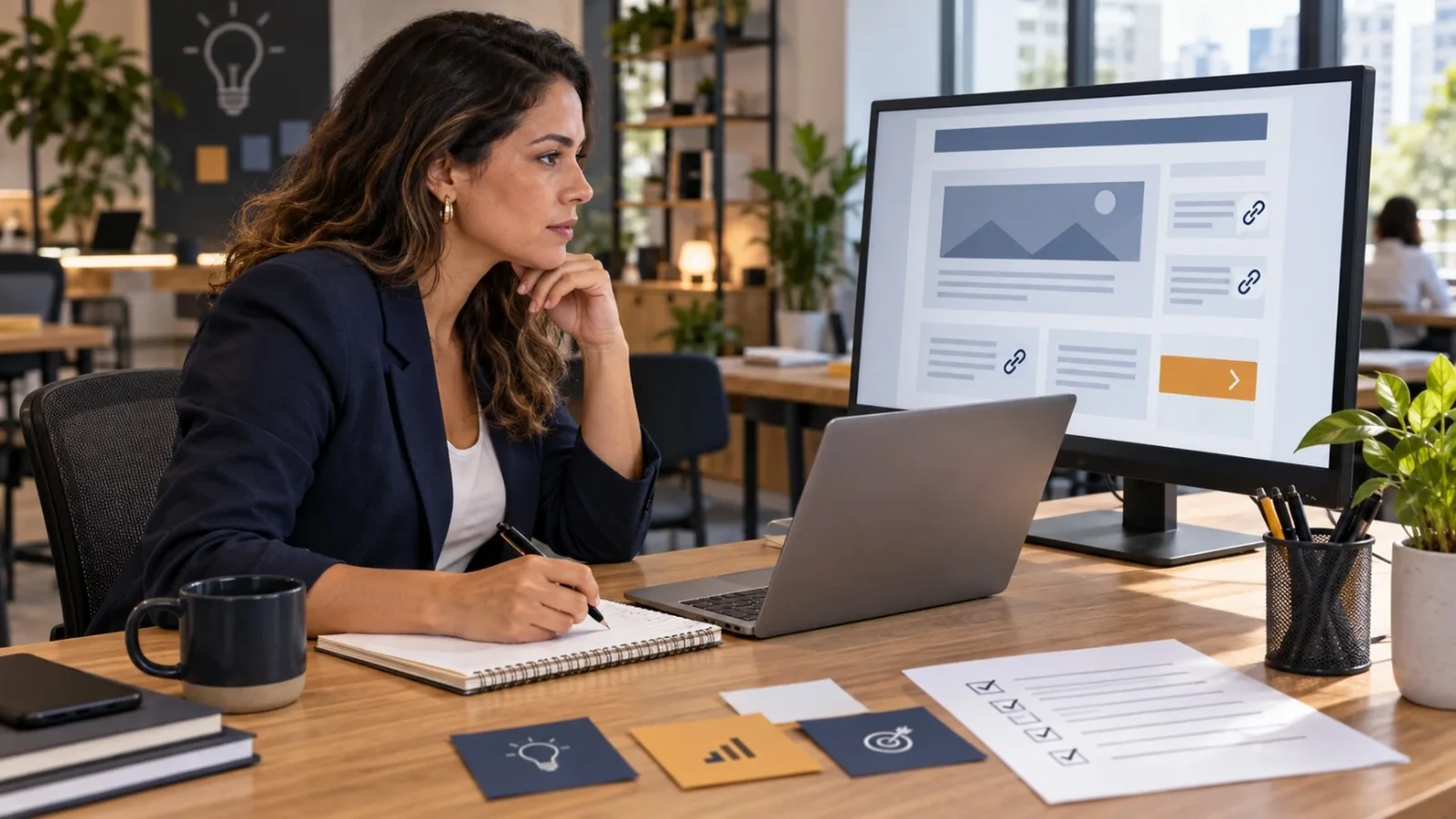 Profissional revisando checklist de SEO on-page em uma página