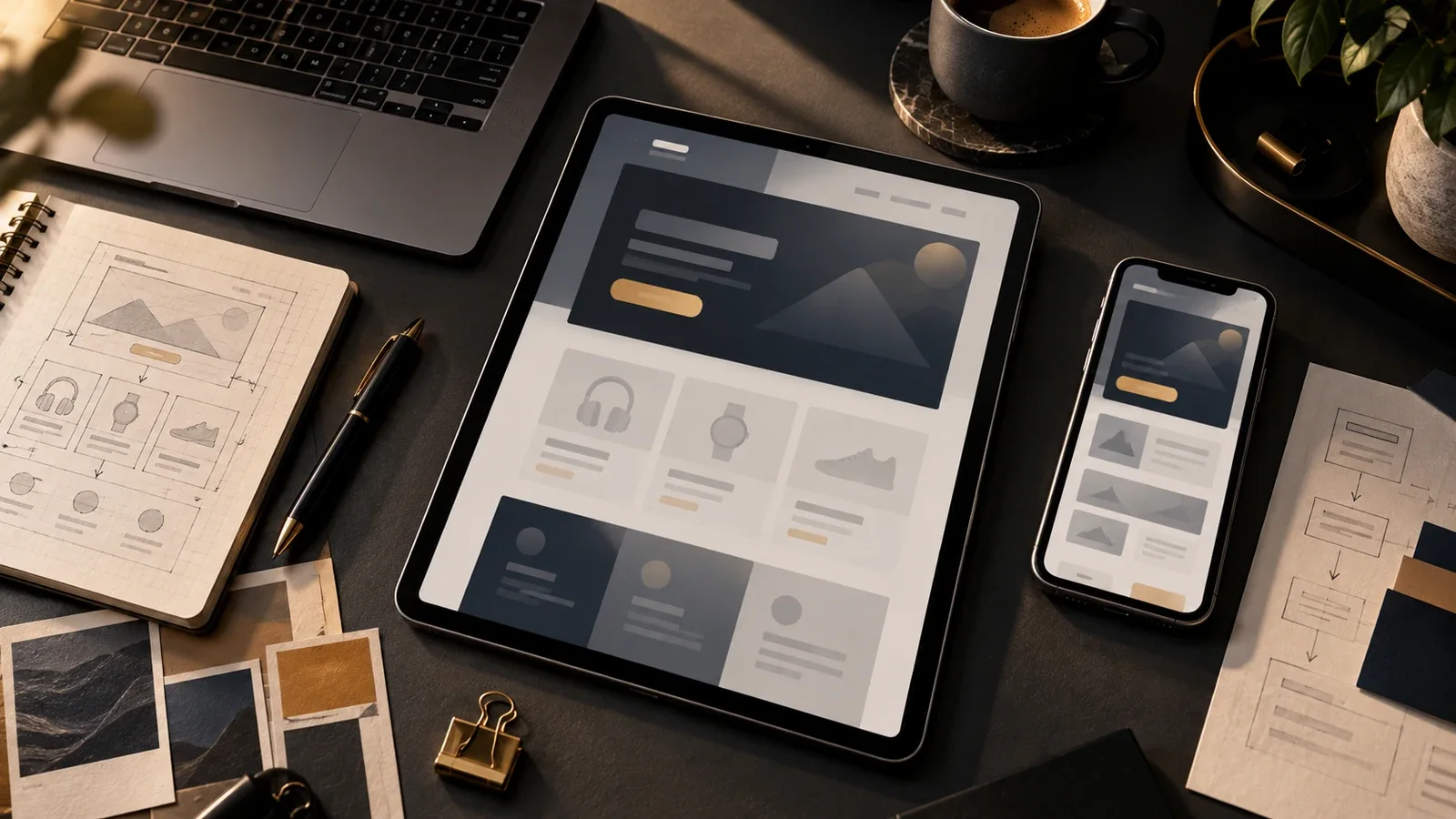 Mesa de criação de landing page Black Friday com celular e página de ofertas