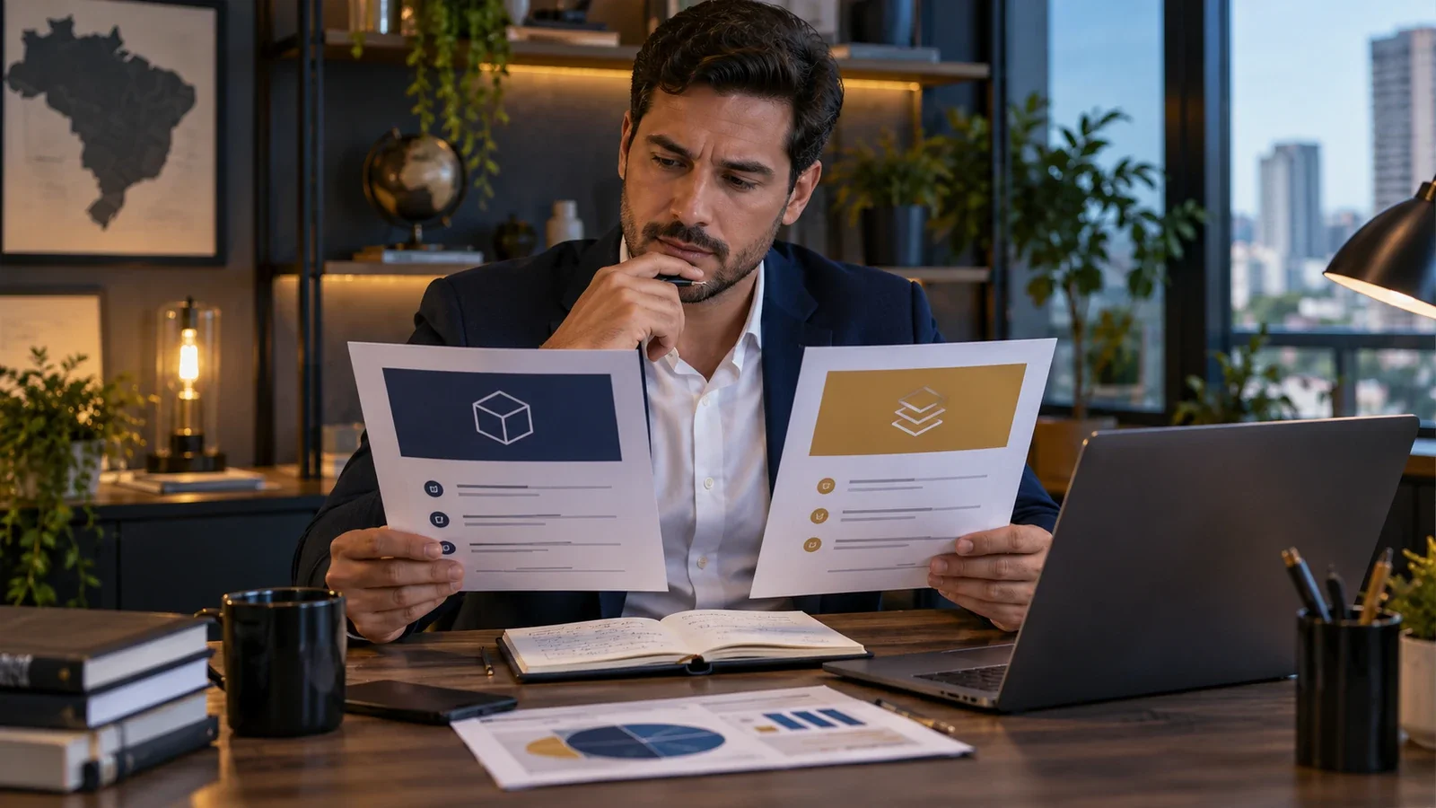 Consultor organizando SEO para páginas de comparação em notebook
